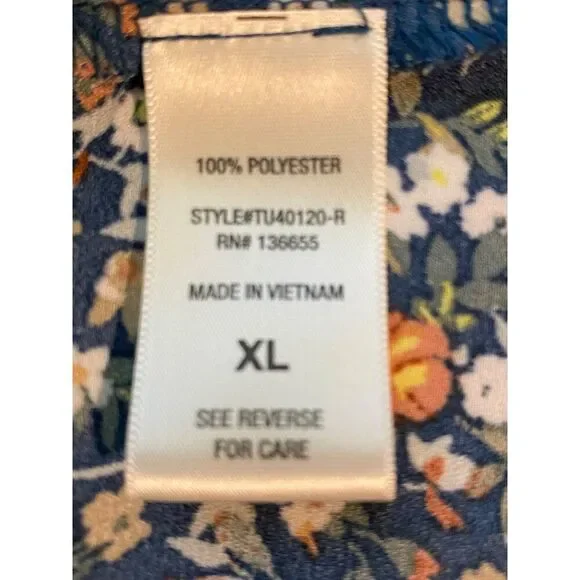 West K Top Women's XL Blue Floral Print Short Sleeve Faux Wrap Boho Peasant Boxy - Picture 8 of 16